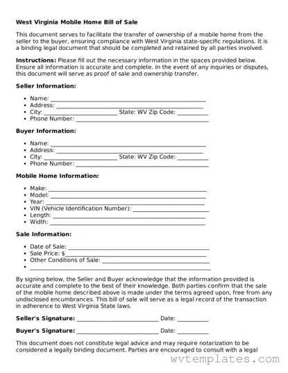 Official Mobile Home Bill of Sale Form for the State of West Virginia