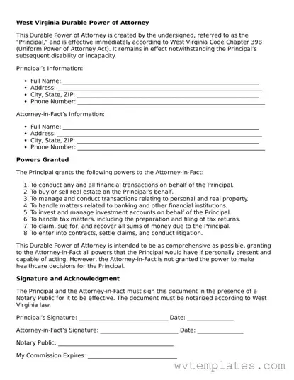 Official Durable Power of Attorney Form for the State of West Virginia