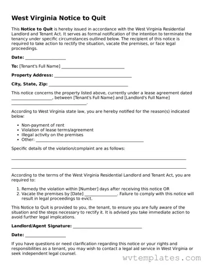 Official Notice to Quit Form for the State of West Virginia