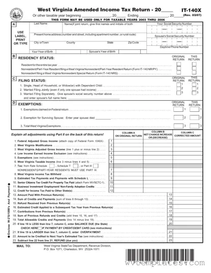 Free West Virginia It 140X Form