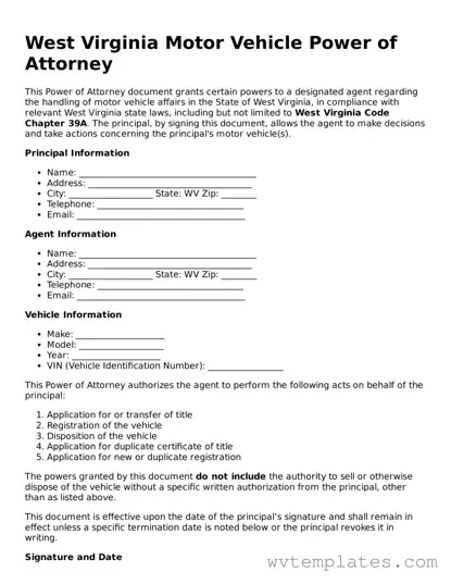 Official Motor Vehicle Power of Attorney Form for the State of West Virginia