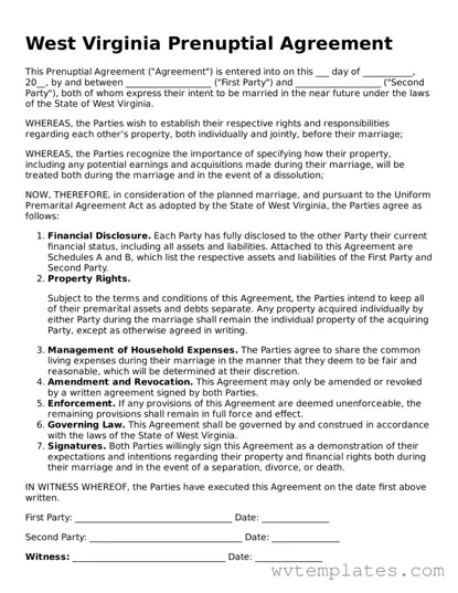 Official Prenuptial Agreement Form for the State of West Virginia