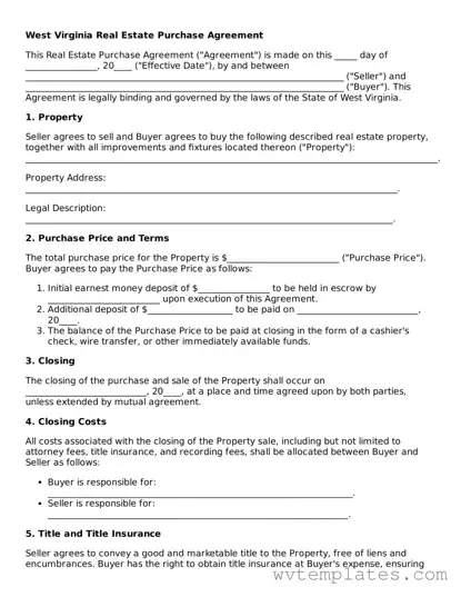 Official Real Estate Purchase Agreement Form for the State of West Virginia