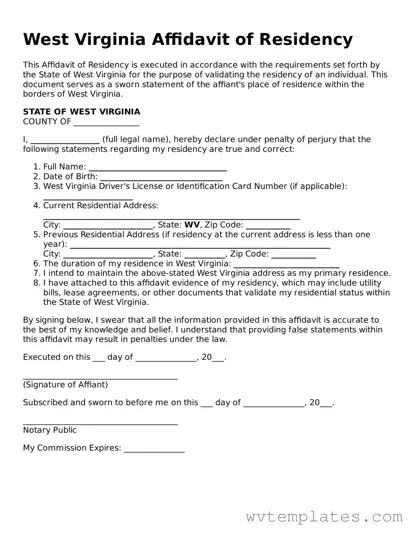 Official Affidavit of Residency Form for the State of West Virginia