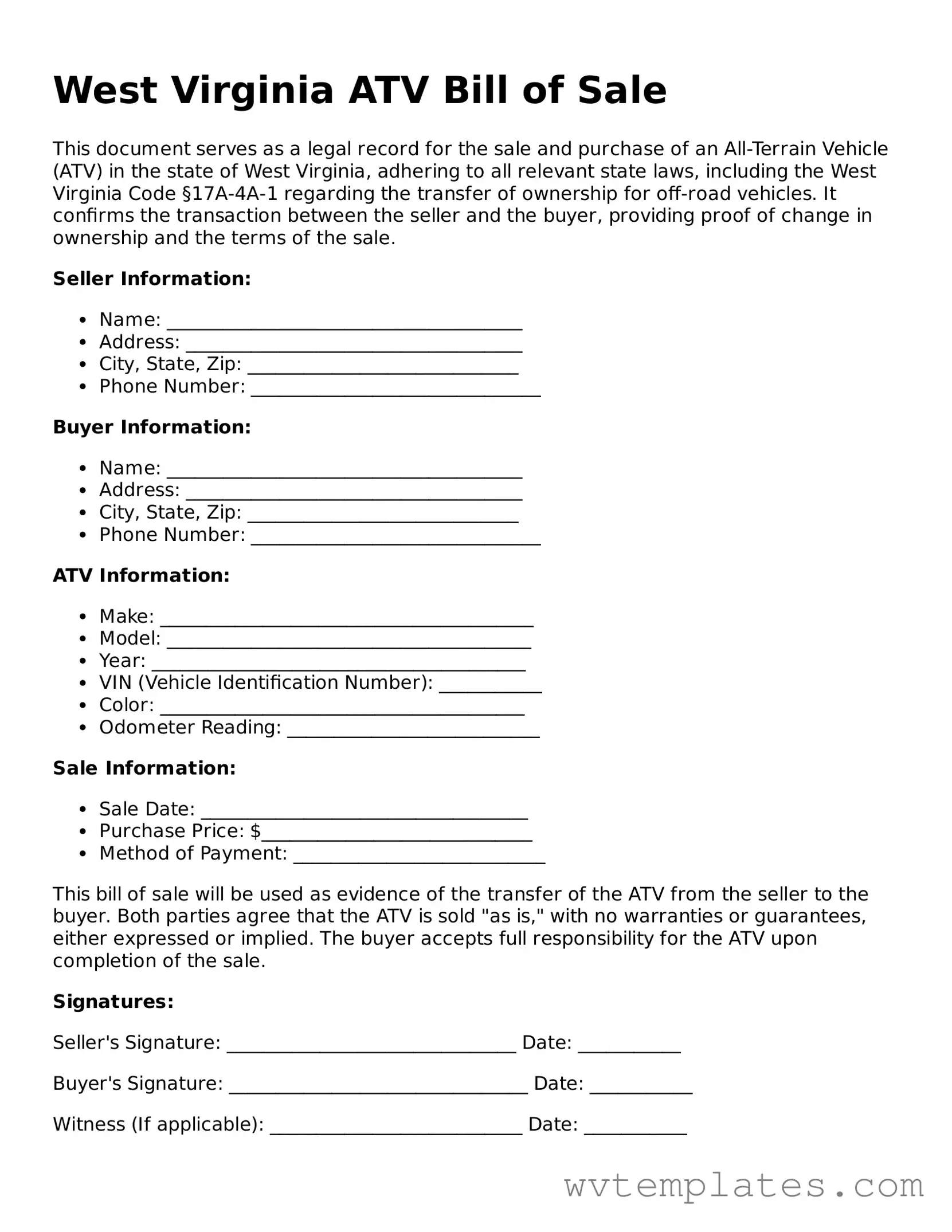 Official ATV Bill of Sale Form for the State of West Virginia
