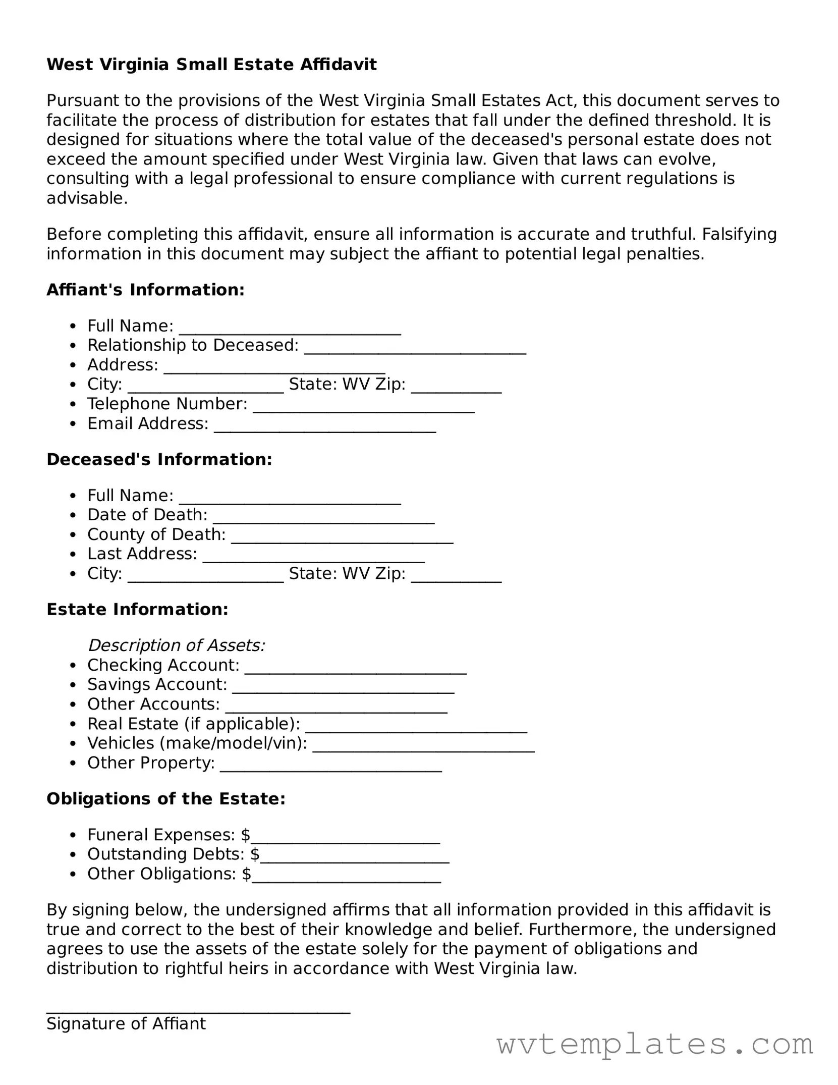 Official Small Estate Affidavit Form for the State of West Virginia