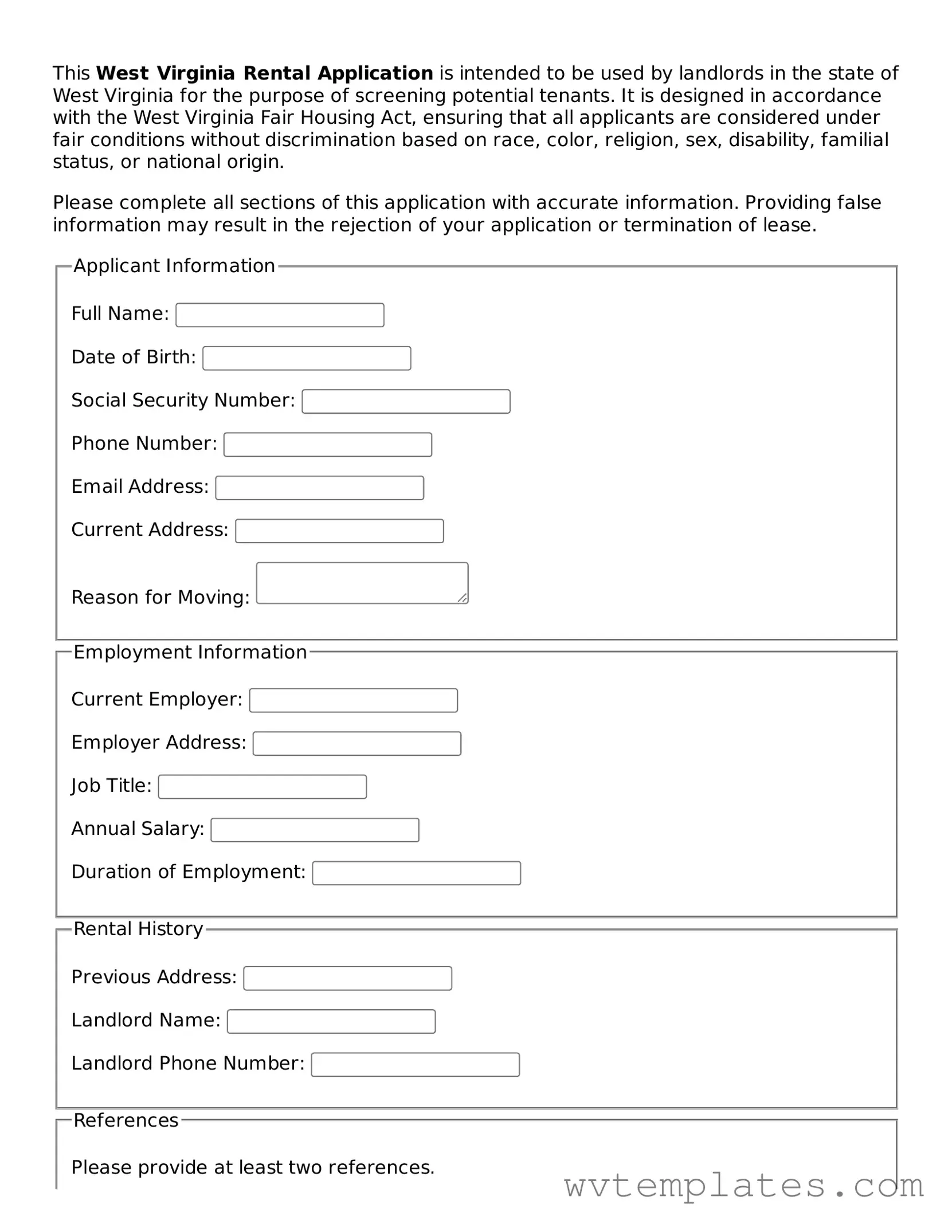Official Rental Application Form for the State of West Virginia