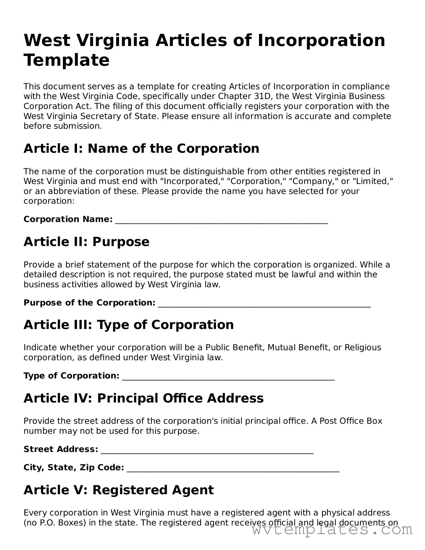 Official Articles of Incorporation Form for the State of West Virginia