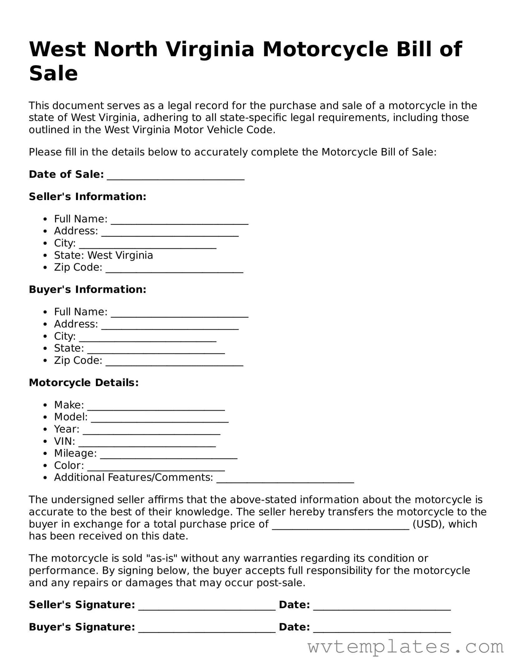 Official Motorcycle Bill of Sale Form for the State of West Virginia