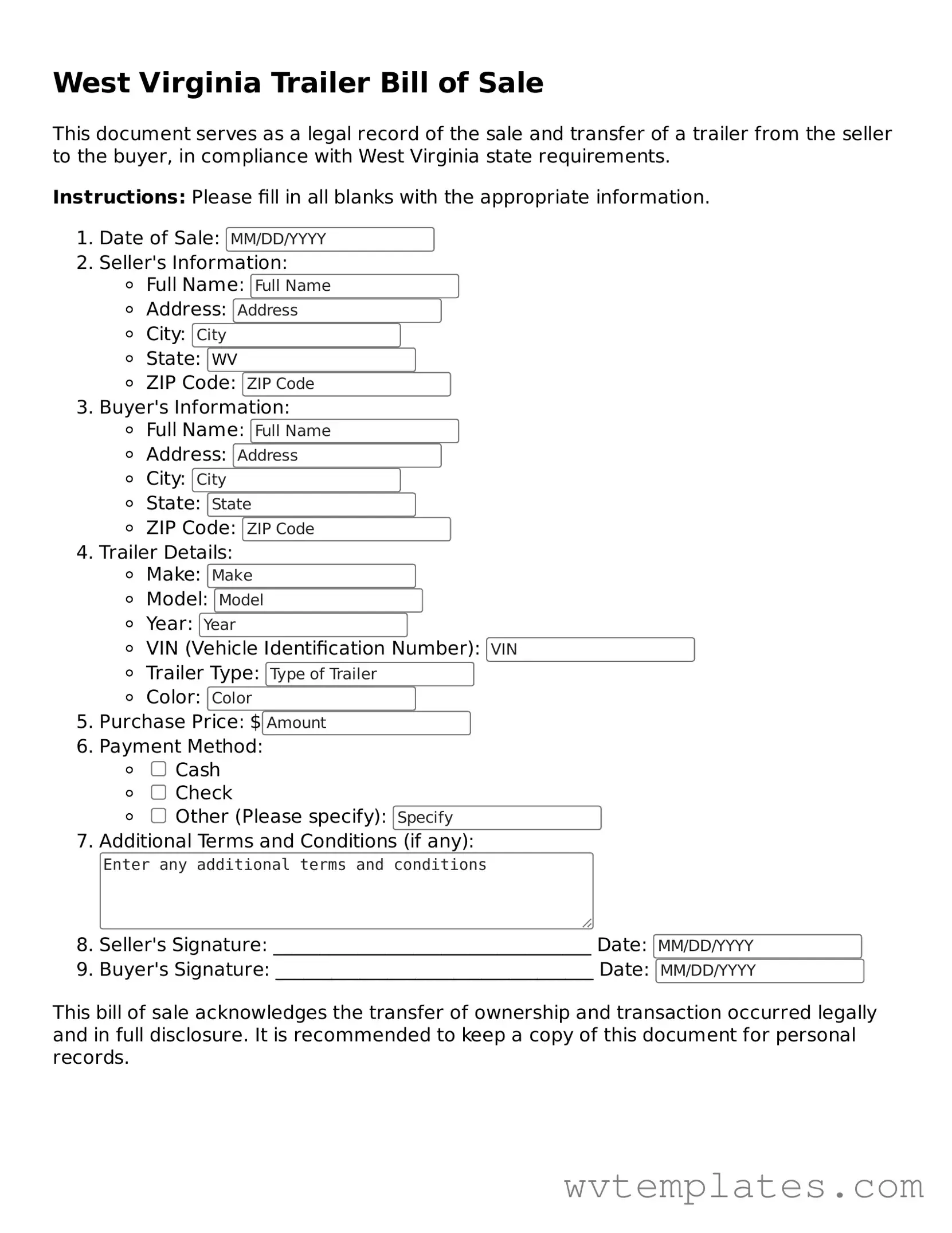 Official Trailer Bill of Sale Form for the State of West Virginia