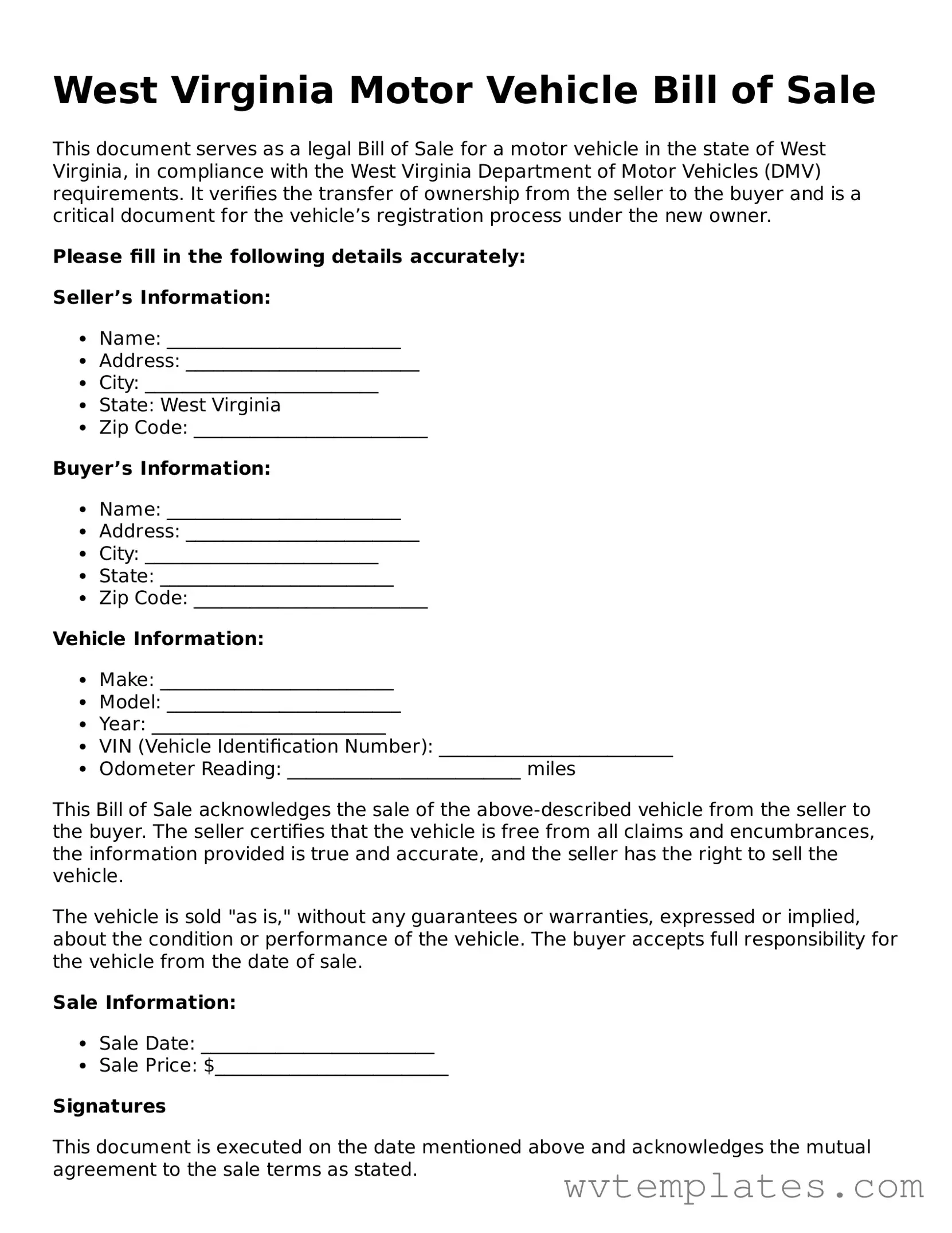 Official Motor Vehicle Bill of Sale Form for the State of West Virginia