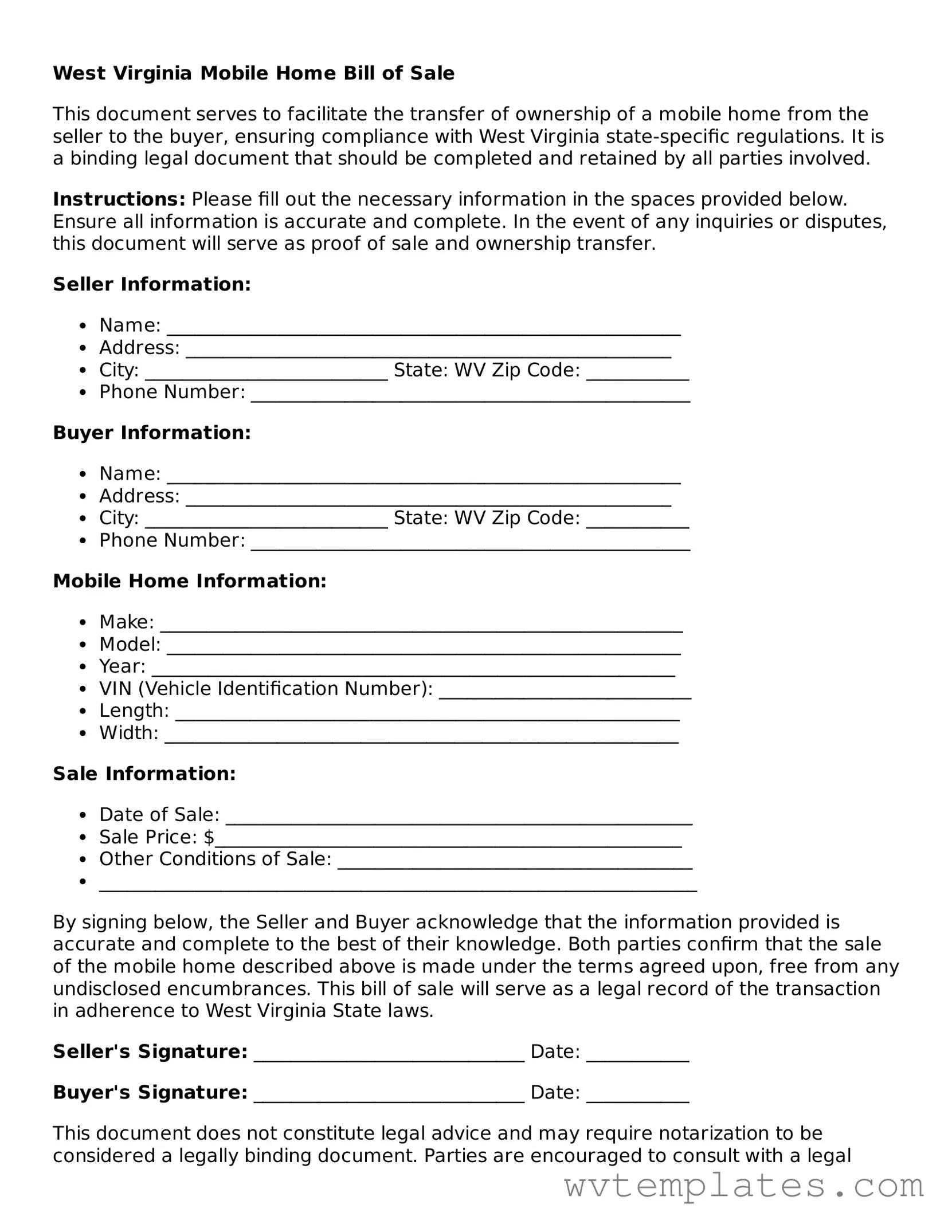 Official Mobile Home Bill of Sale Form for the State of West Virginia