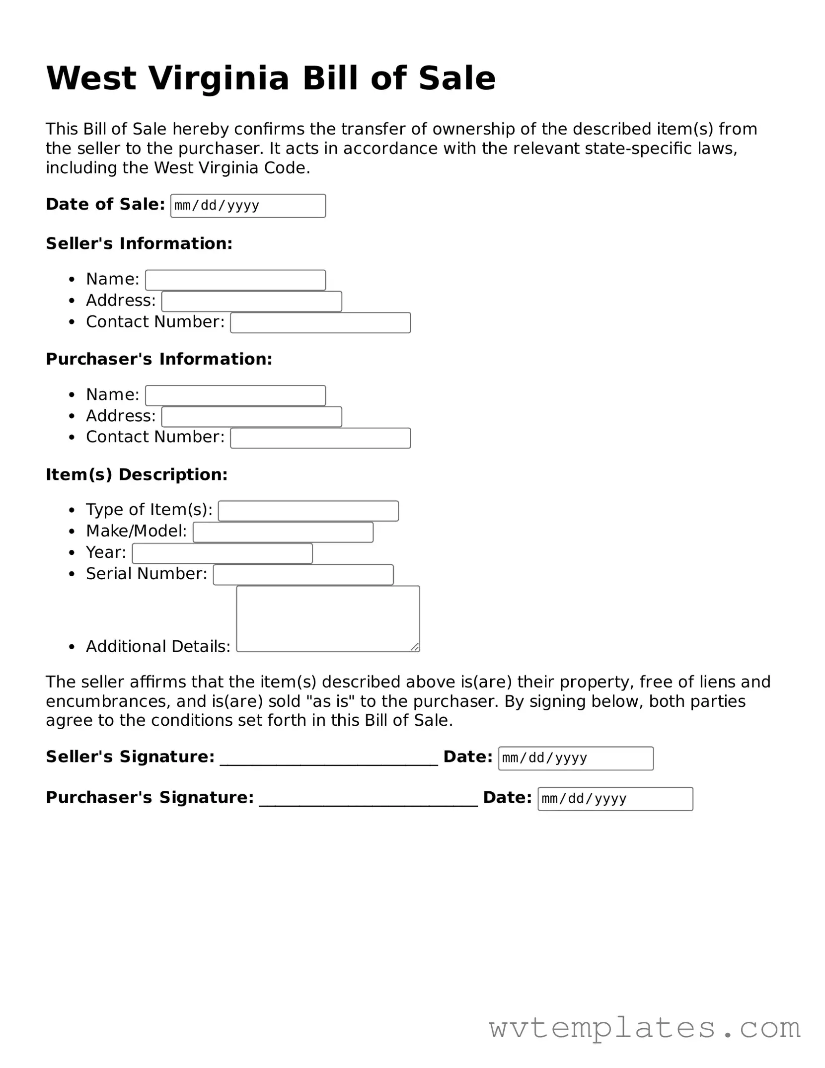 Official Bill of Sale Form for the State of West Virginia
