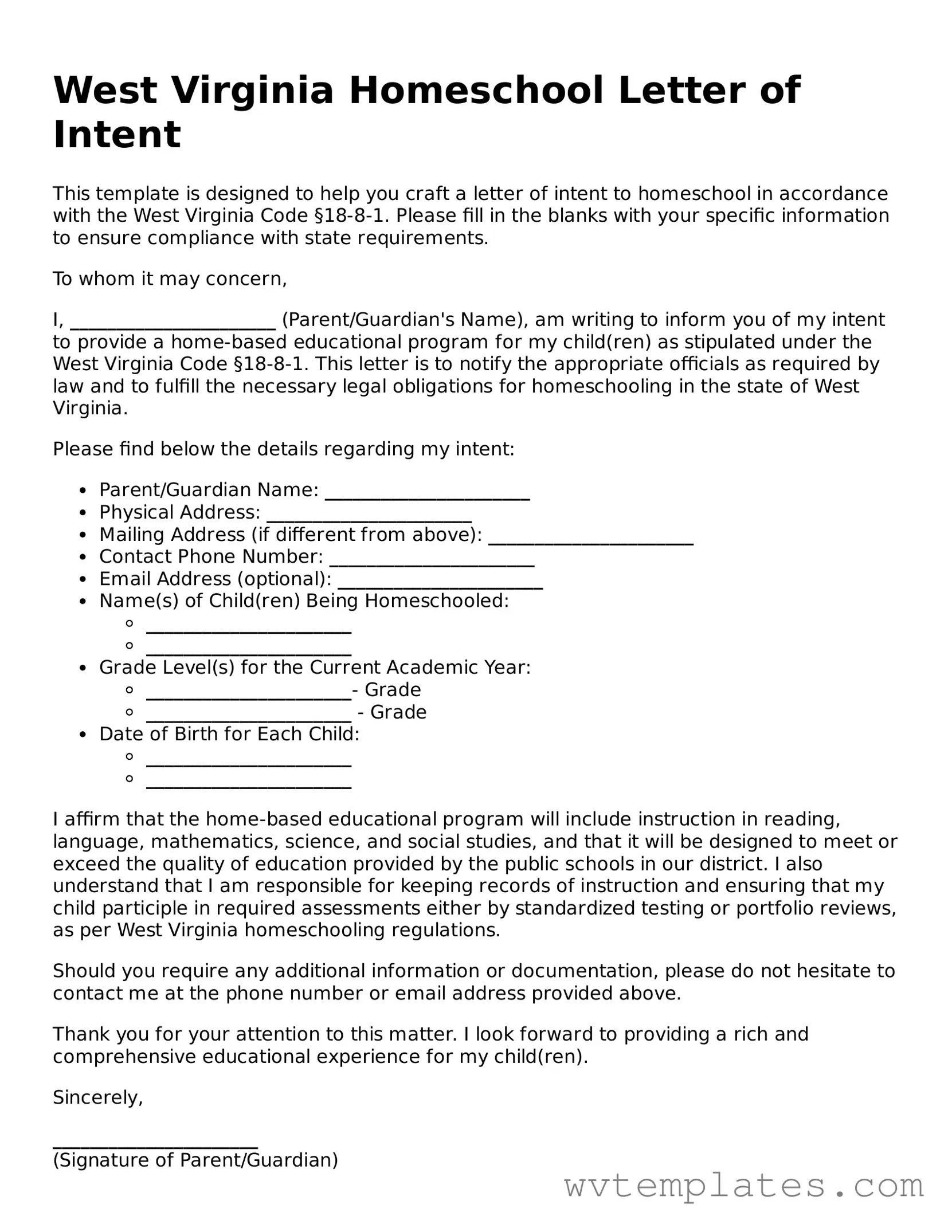 Official Homeschool Letter of Intent Form for the State of West Virginia