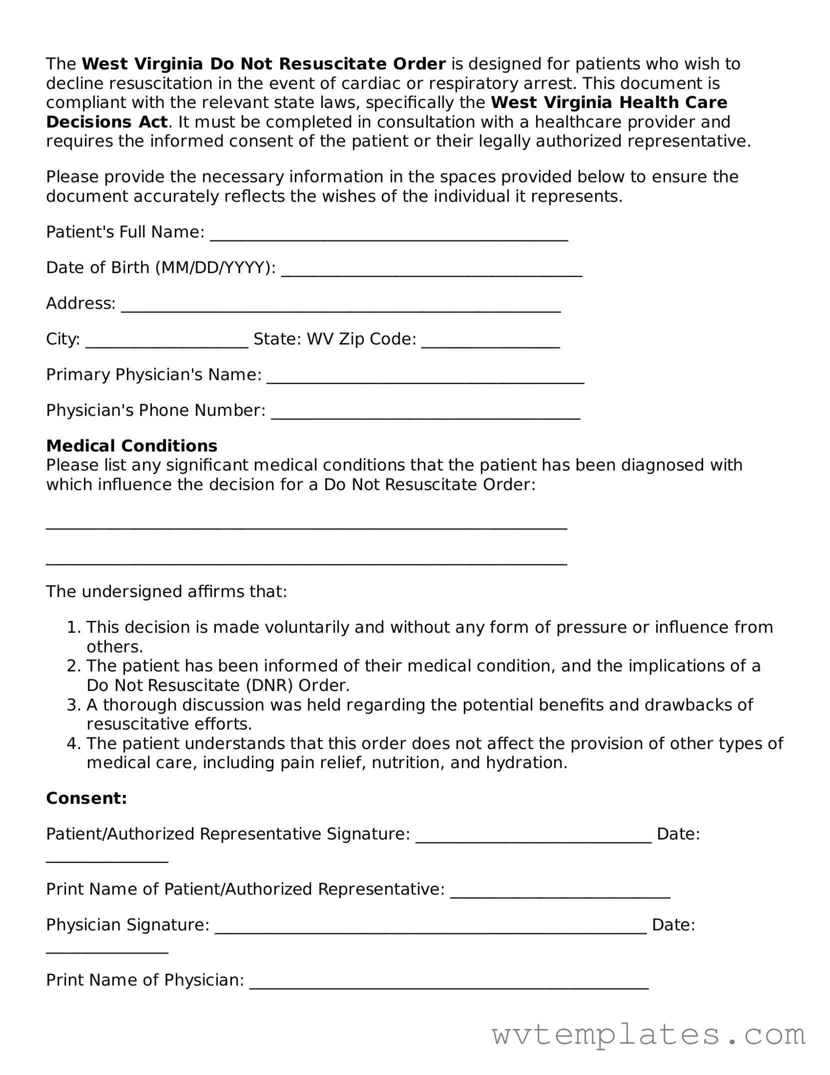 Official Do Not Resuscitate Order Form for the State of West Virginia