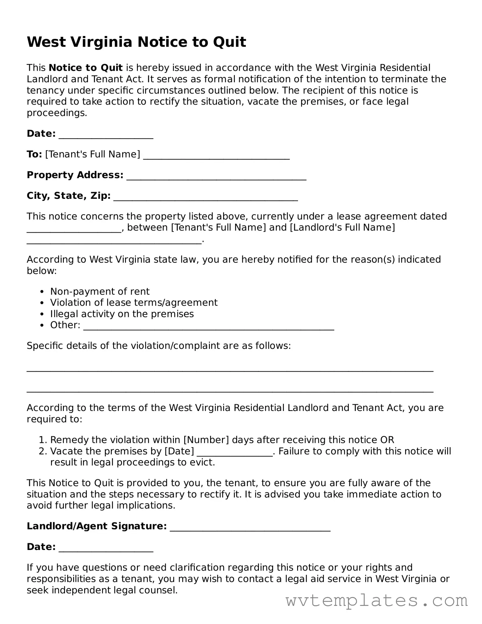 Official Notice to Quit Form for the State of West Virginia