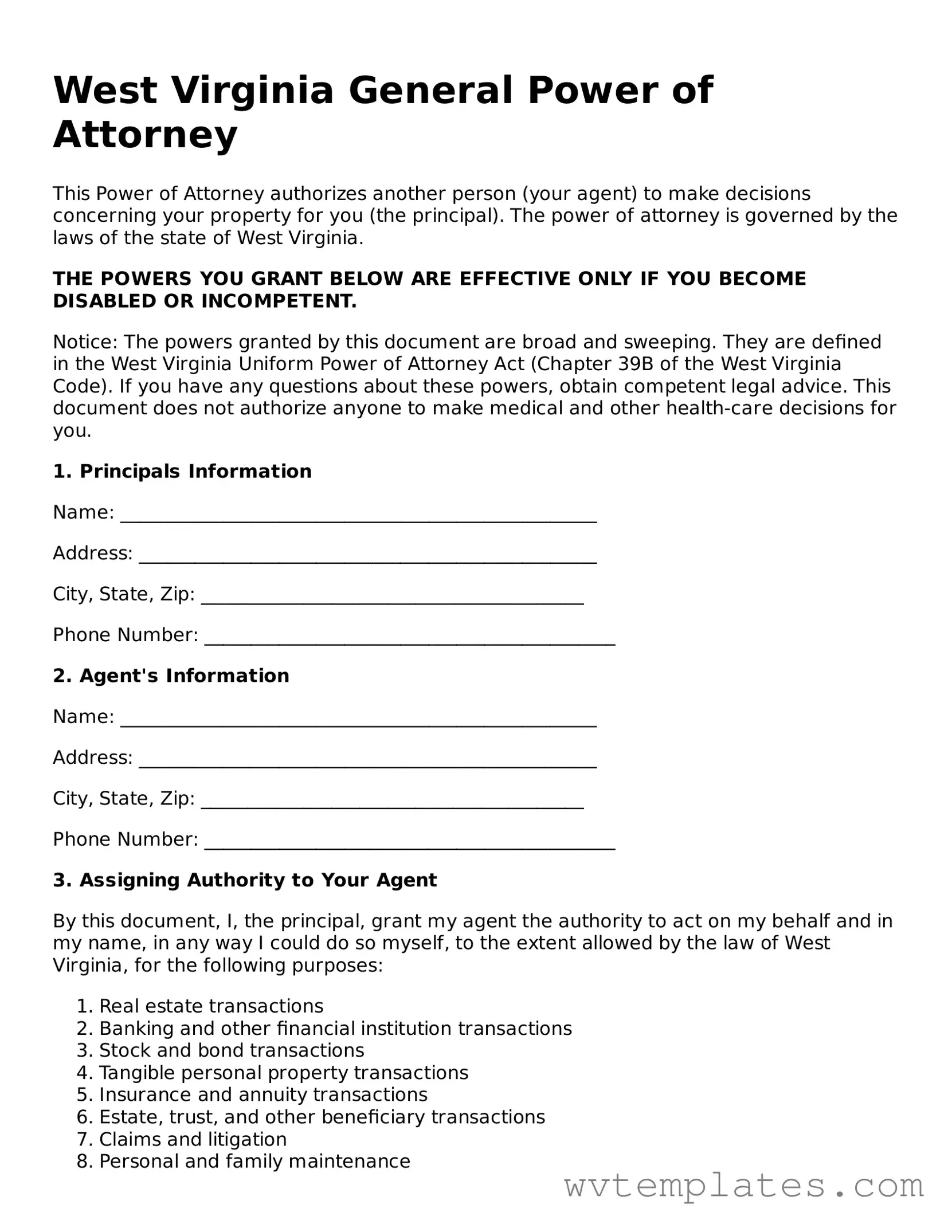 Official General Power of Attorney Form for the State of West Virginia