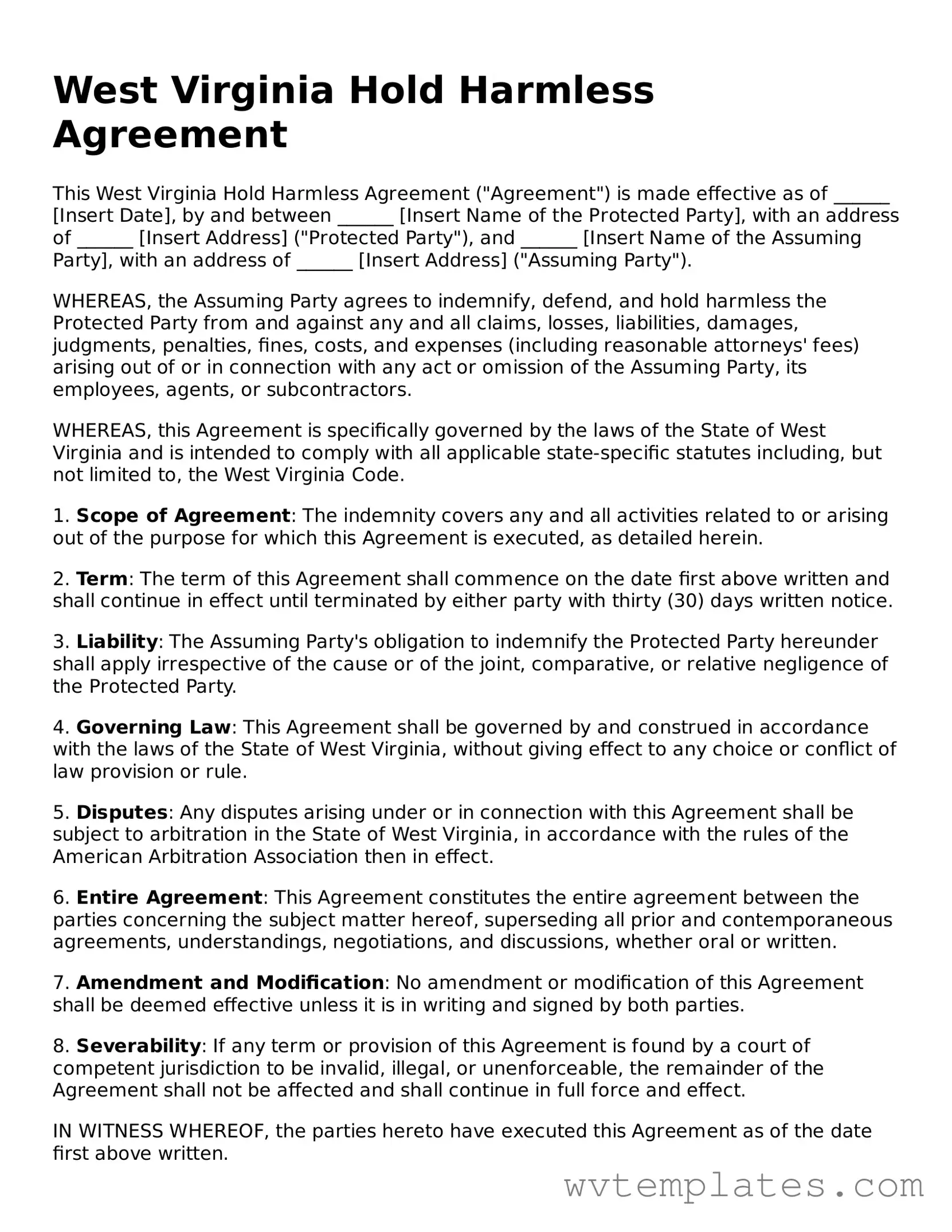 Official Hold Harmless Agreement Form for the State of West Virginia
