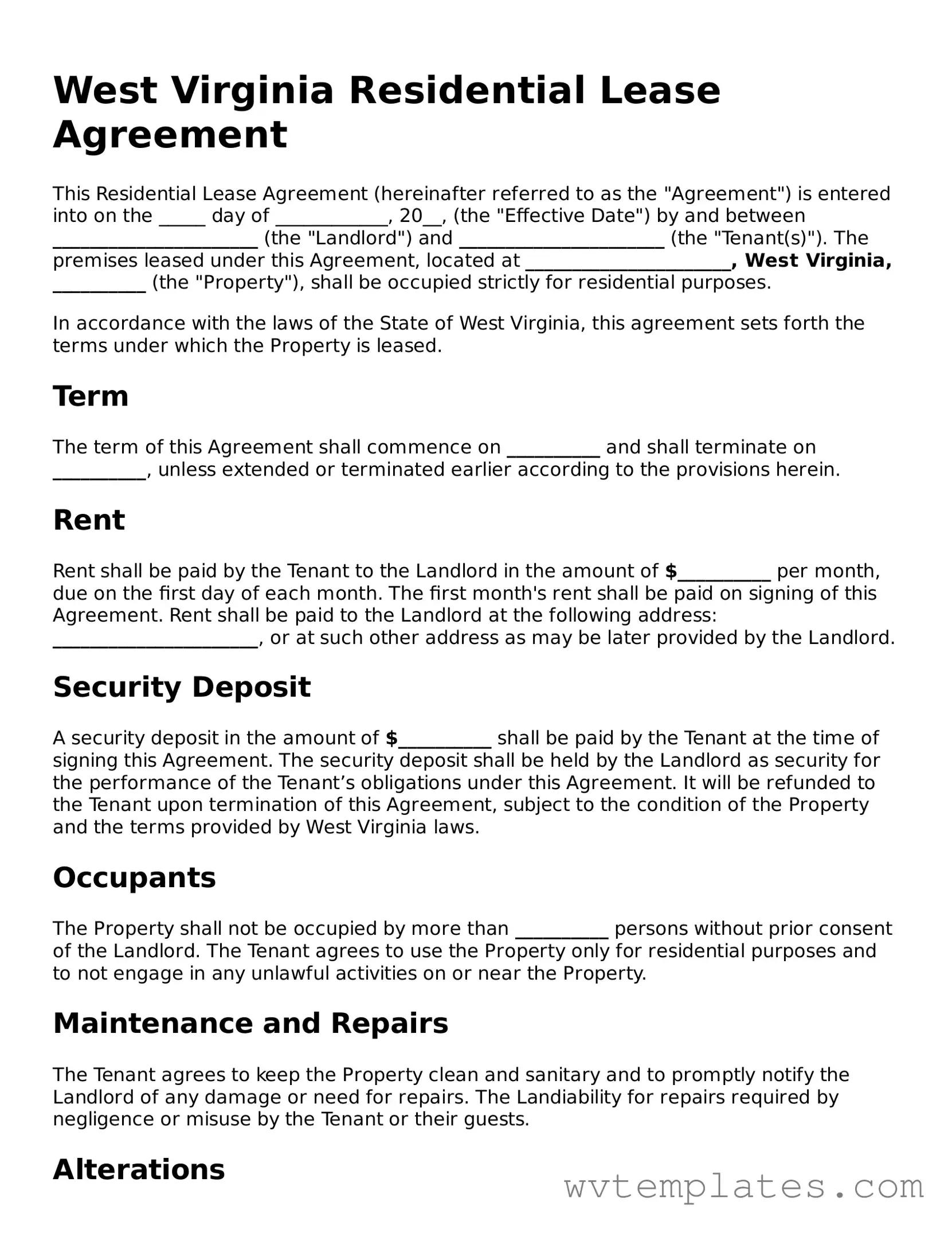 Official Residential Lease Agreement Form for the State of West Virginia