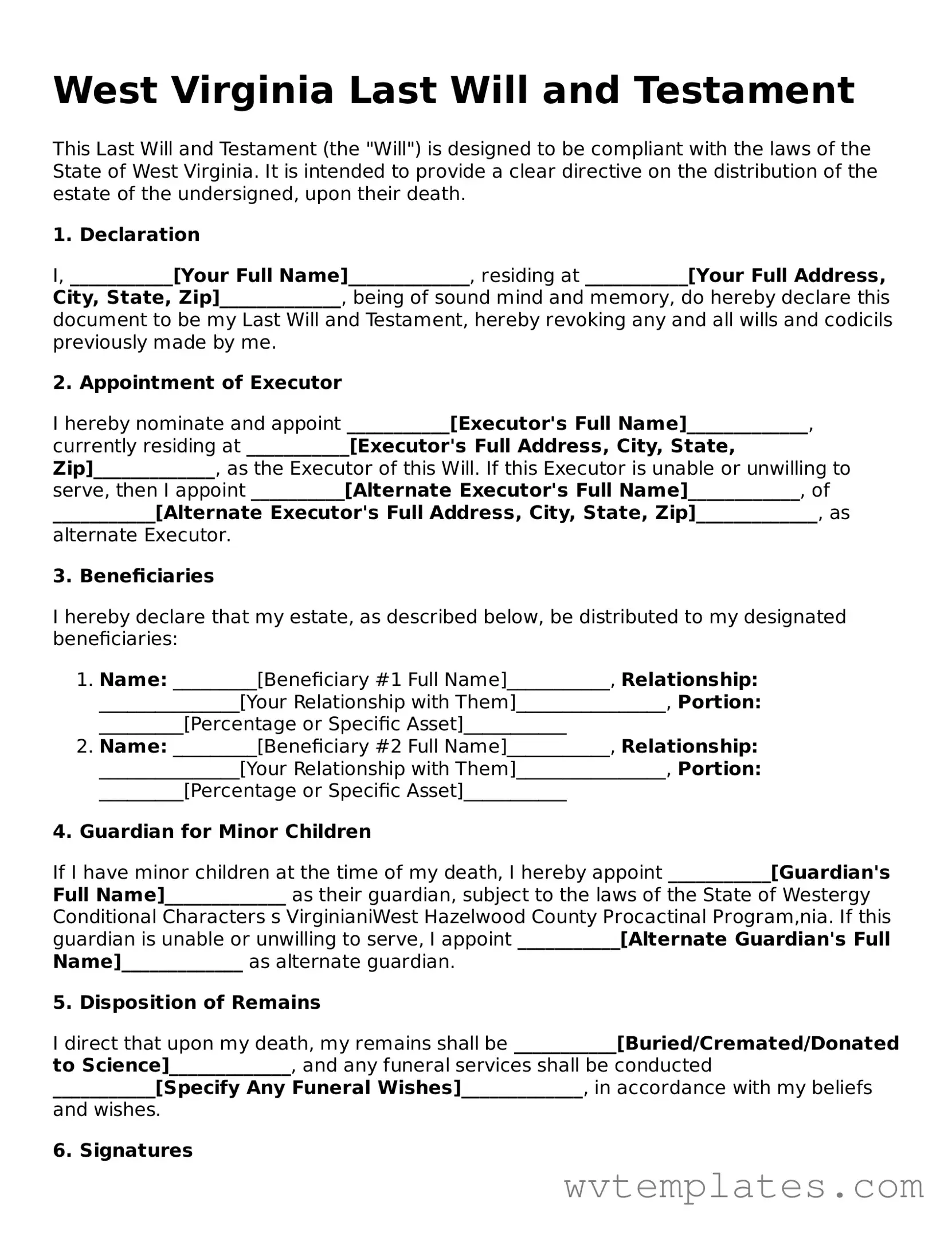 Official Last Will and Testament Form for the State of West Virginia