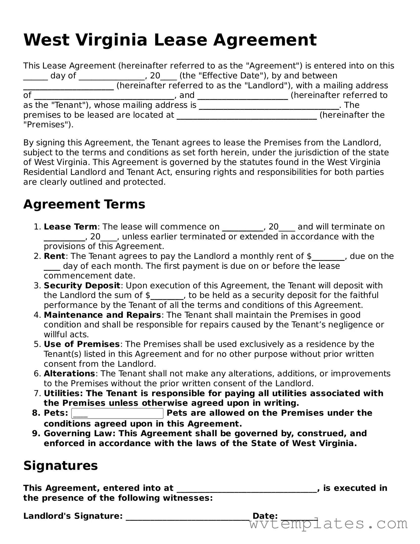 Official Lease Agreement Form for the State of West Virginia