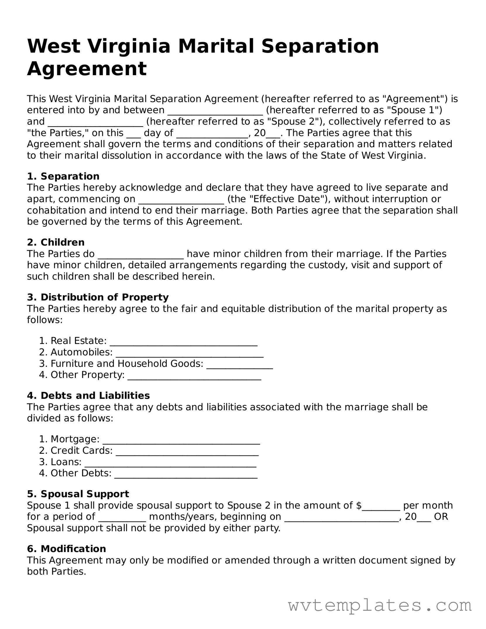 Official Marital Separation Agreement Form for the State of West Virginia