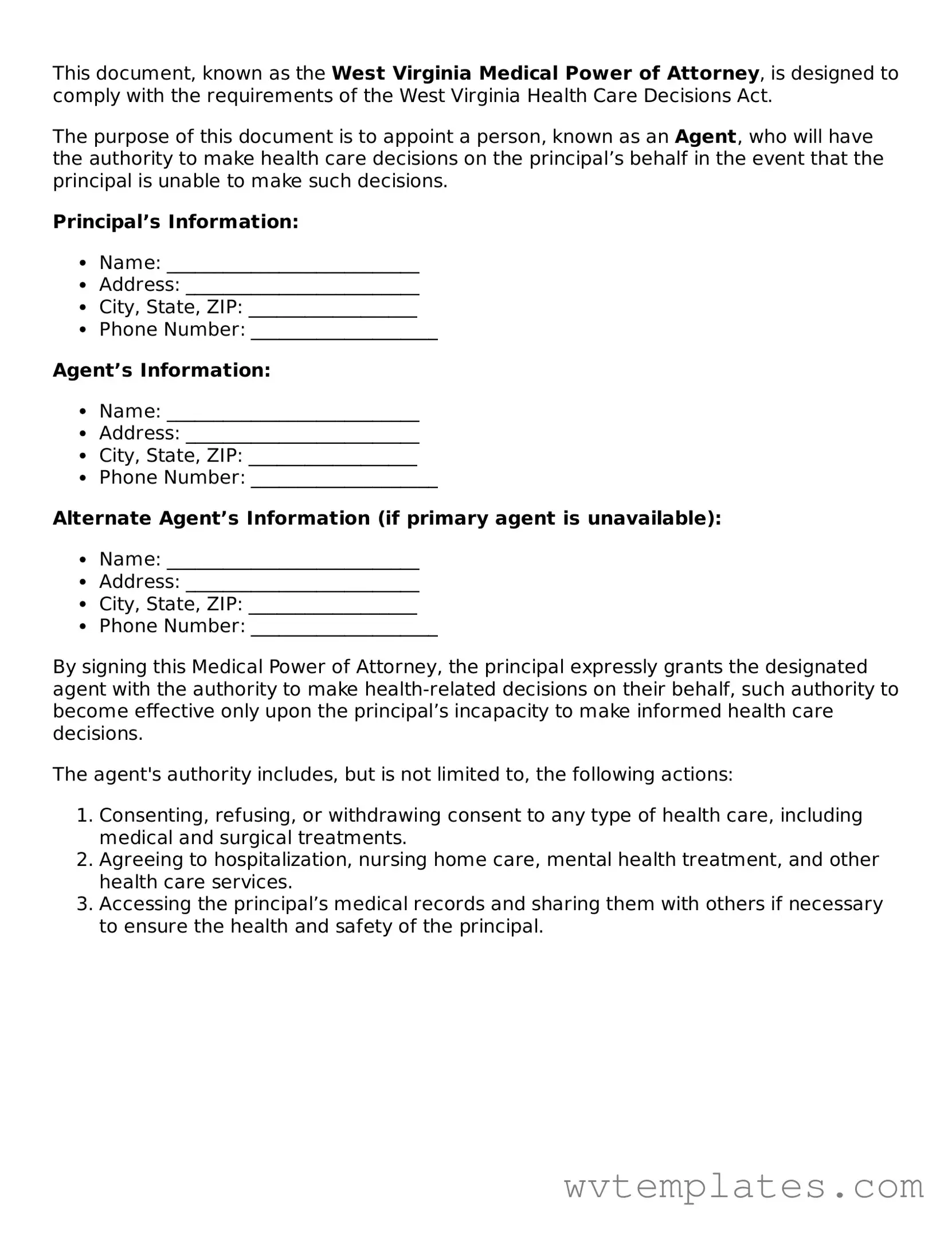 Official Medical Power of Attorney Form for the State of West Virginia
