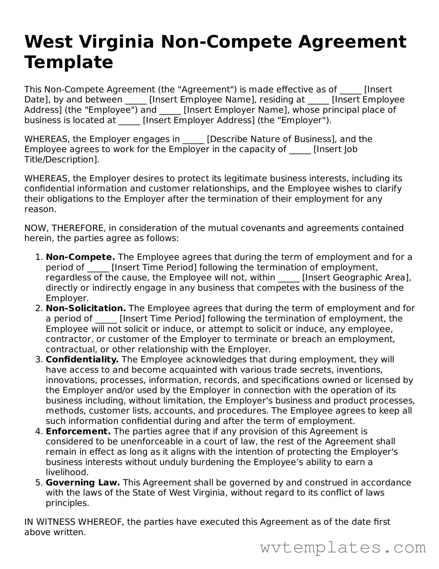 Official Non-compete Agreement Form for the State of West Virginia