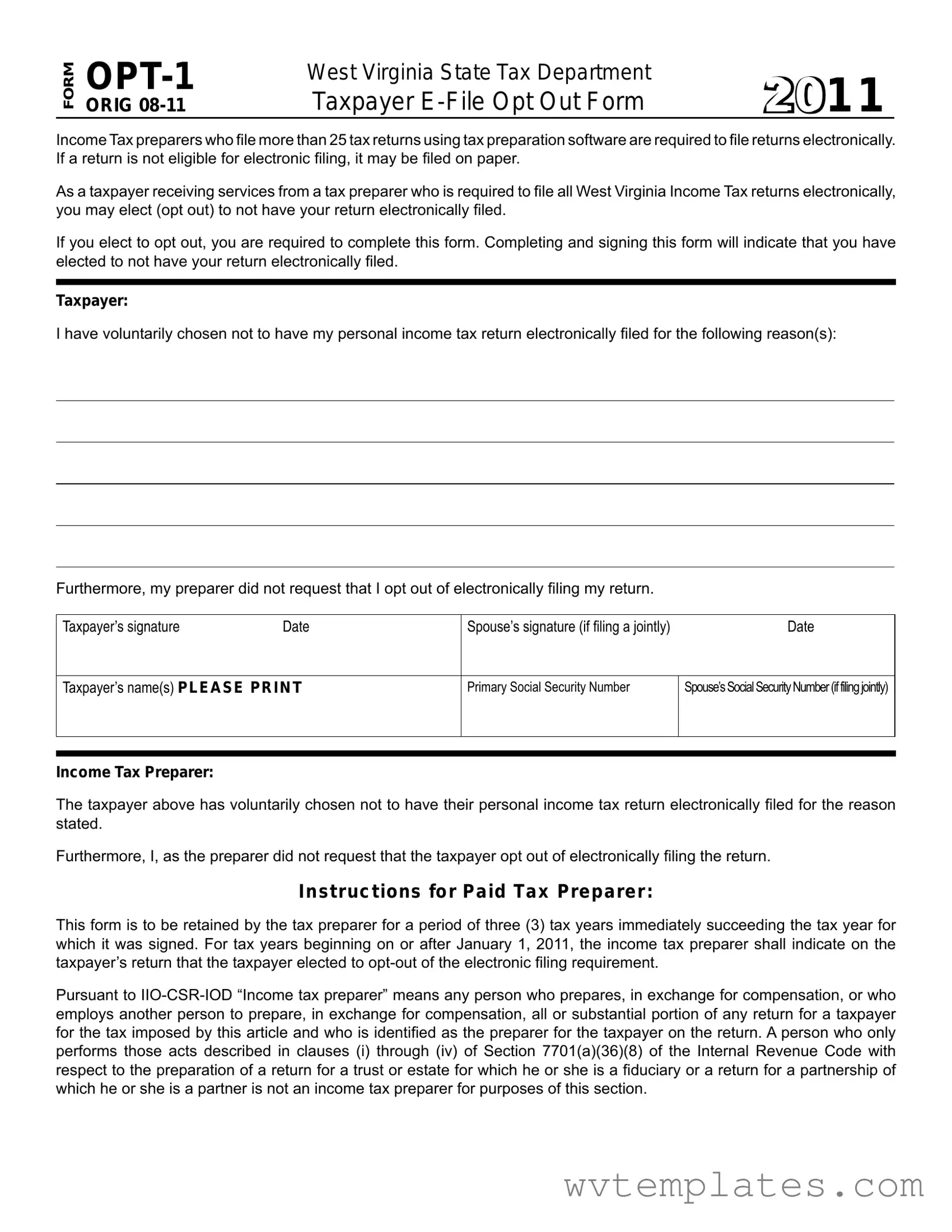 Free West Virginia Opt 1 Form