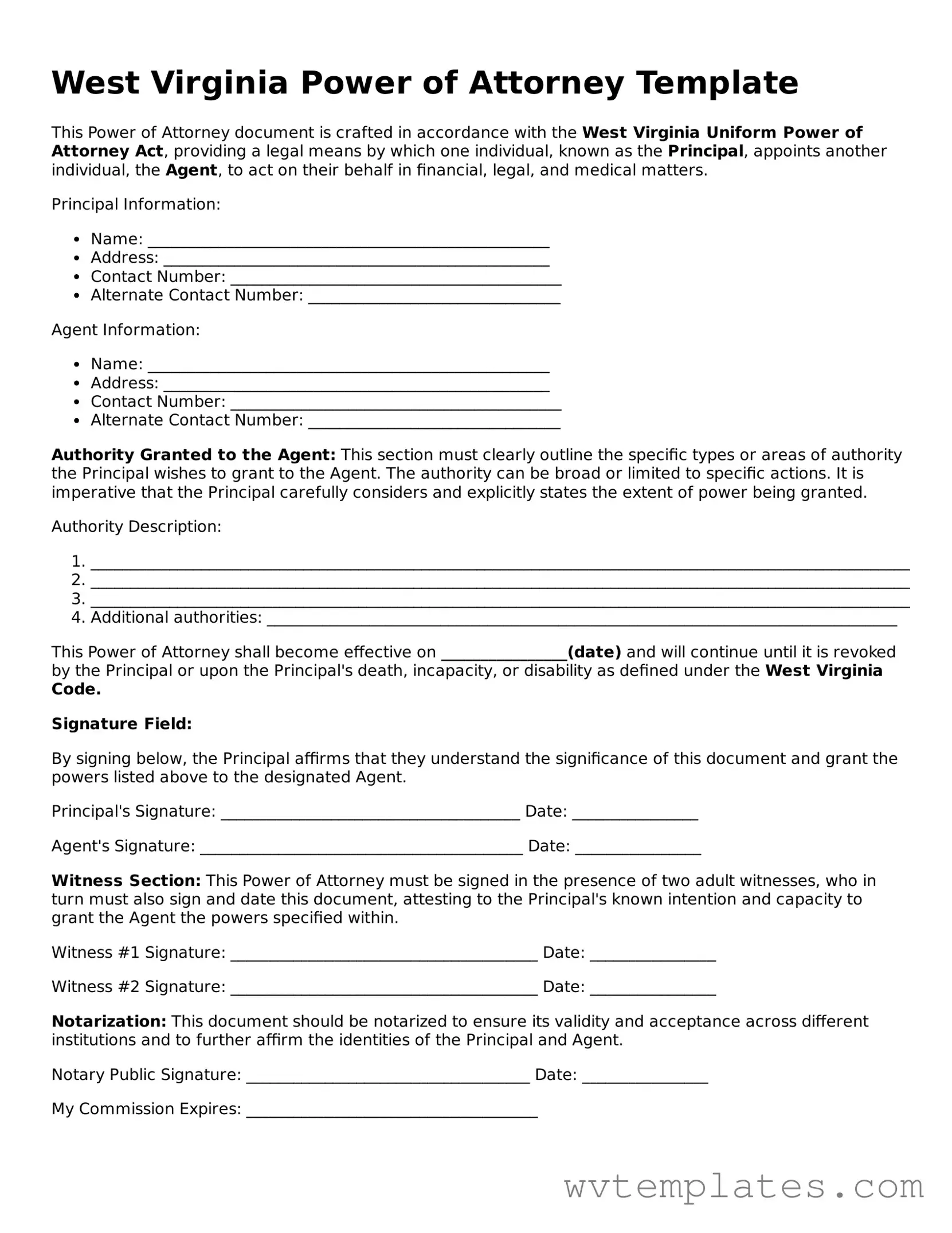 Official Power of Attorney Form for the State of West Virginia