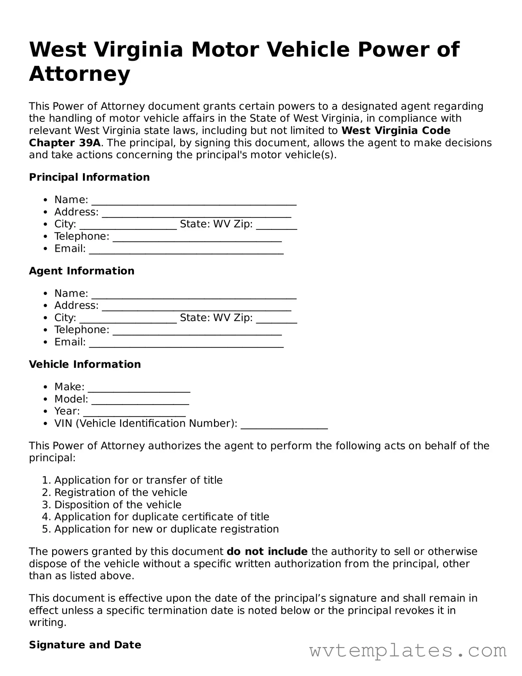 Official Motor Vehicle Power of Attorney Form for the State of West Virginia