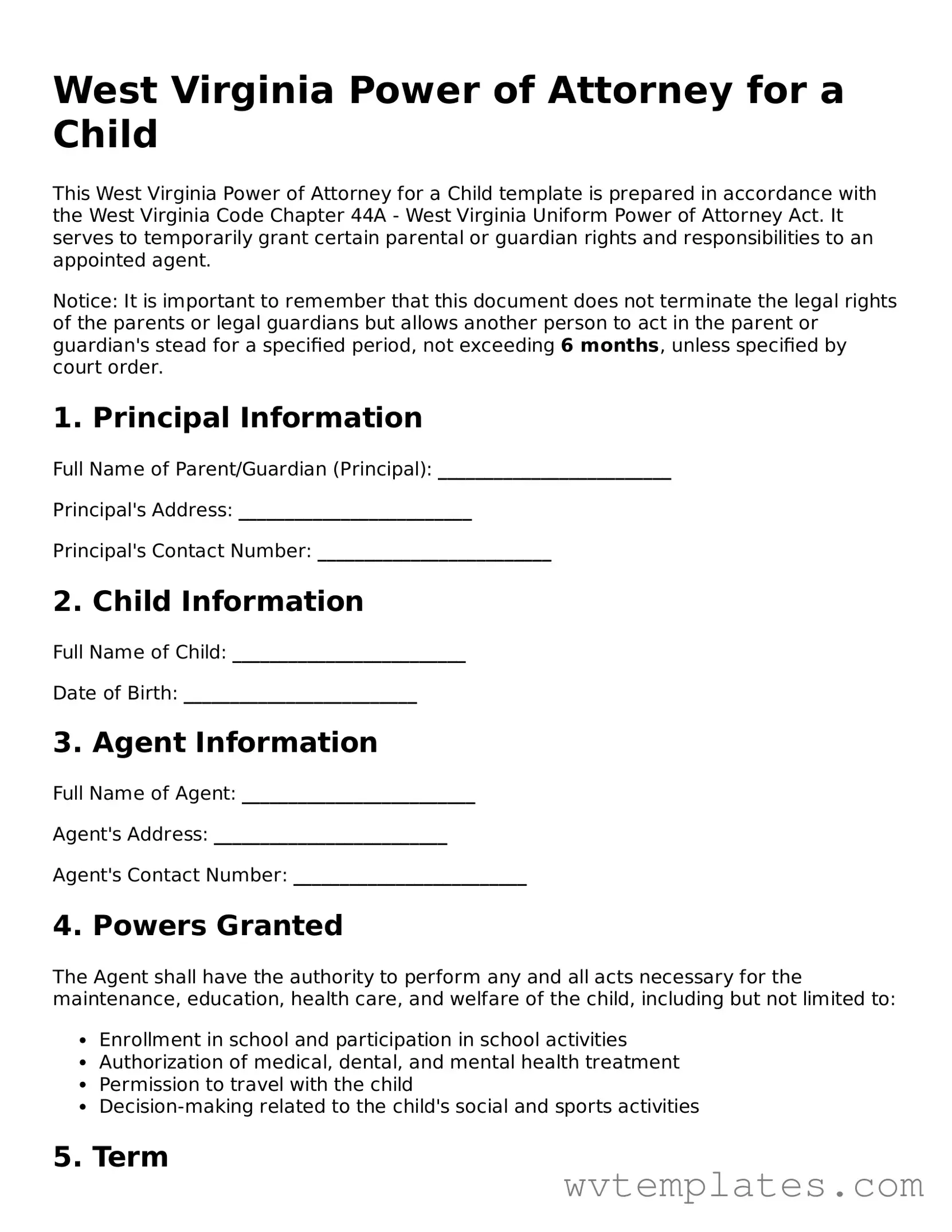 Official Power of Attorney for a Child Form for the State of West Virginia
