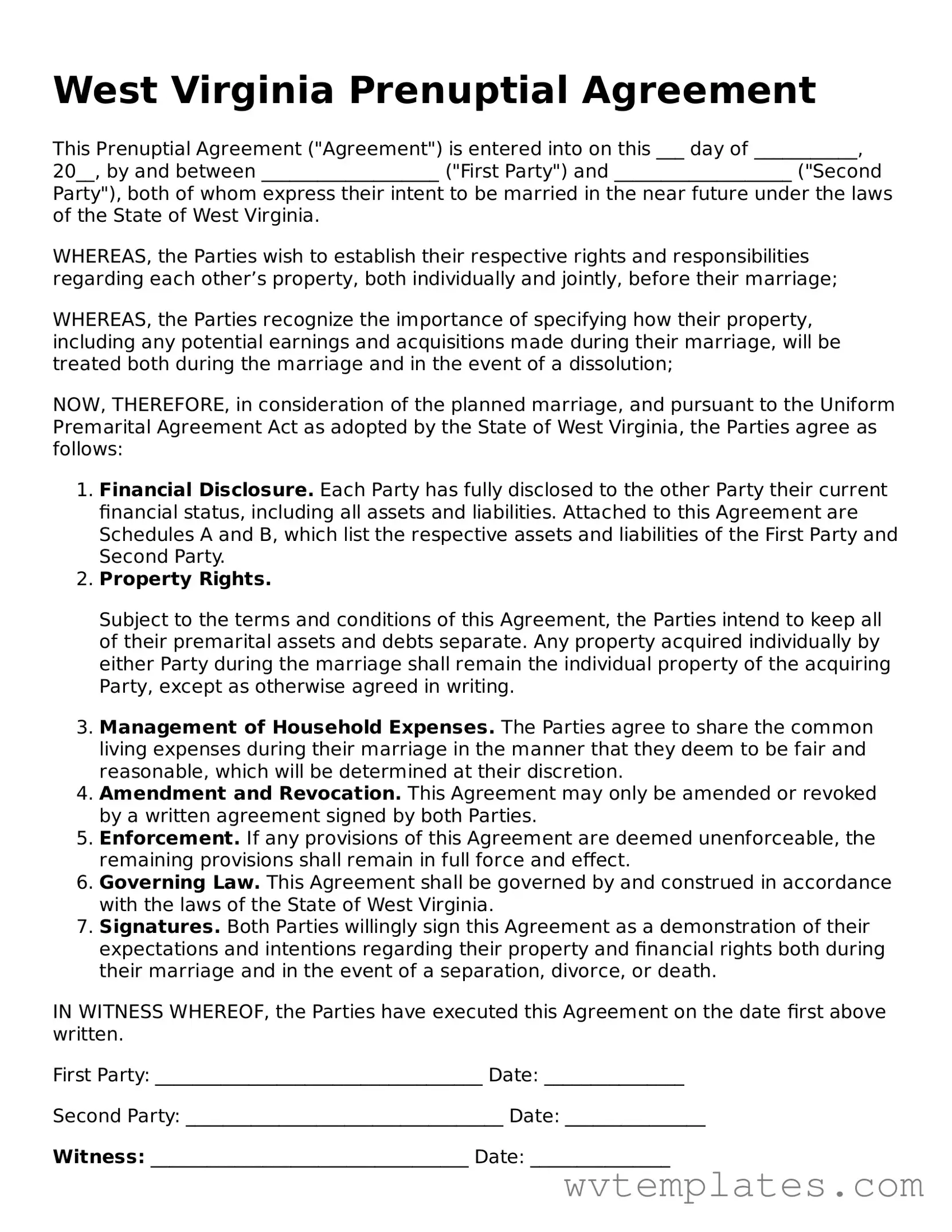 Official Prenuptial Agreement Form for the State of West Virginia