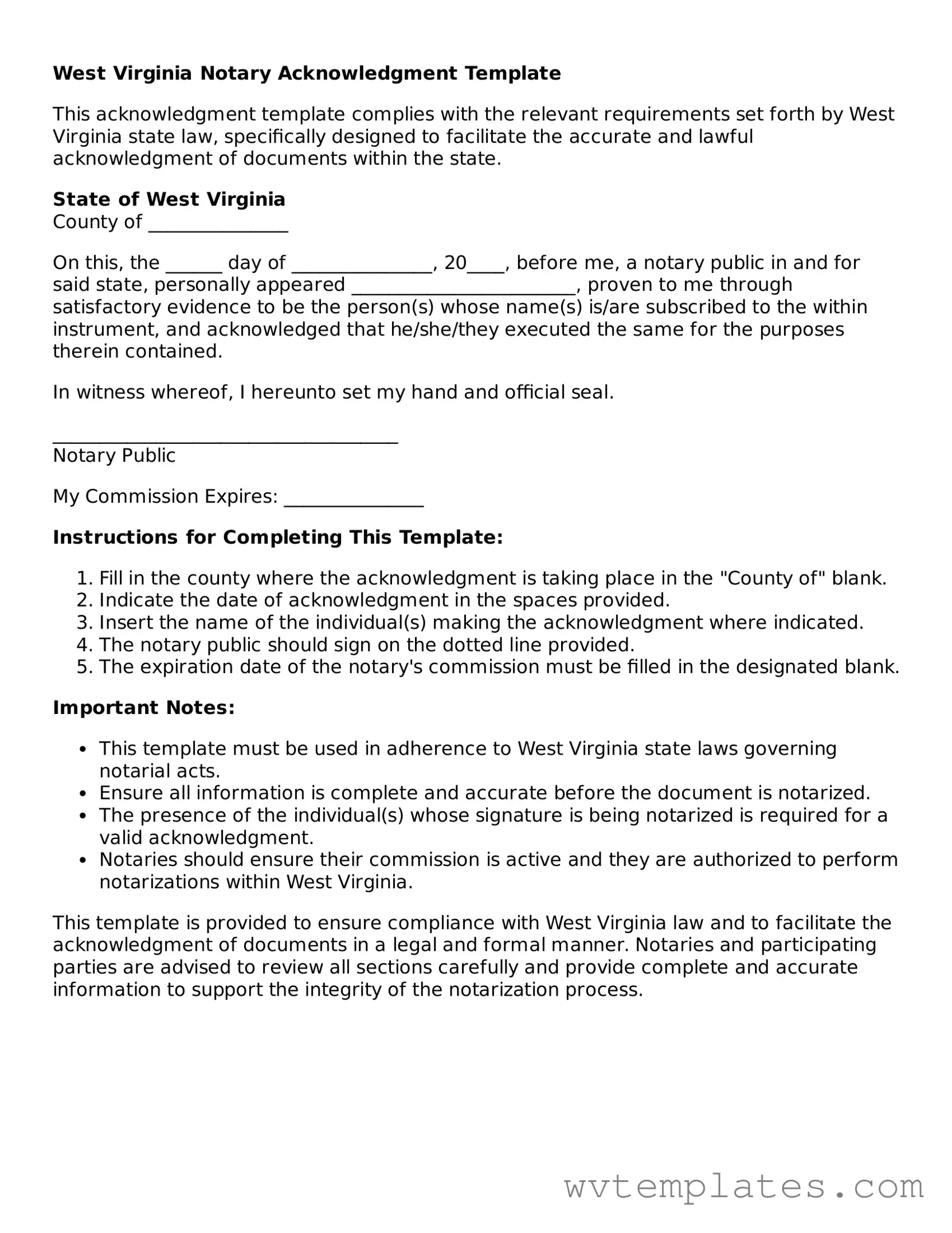 Official Notary Acknowledgement Form for the State of West Virginia