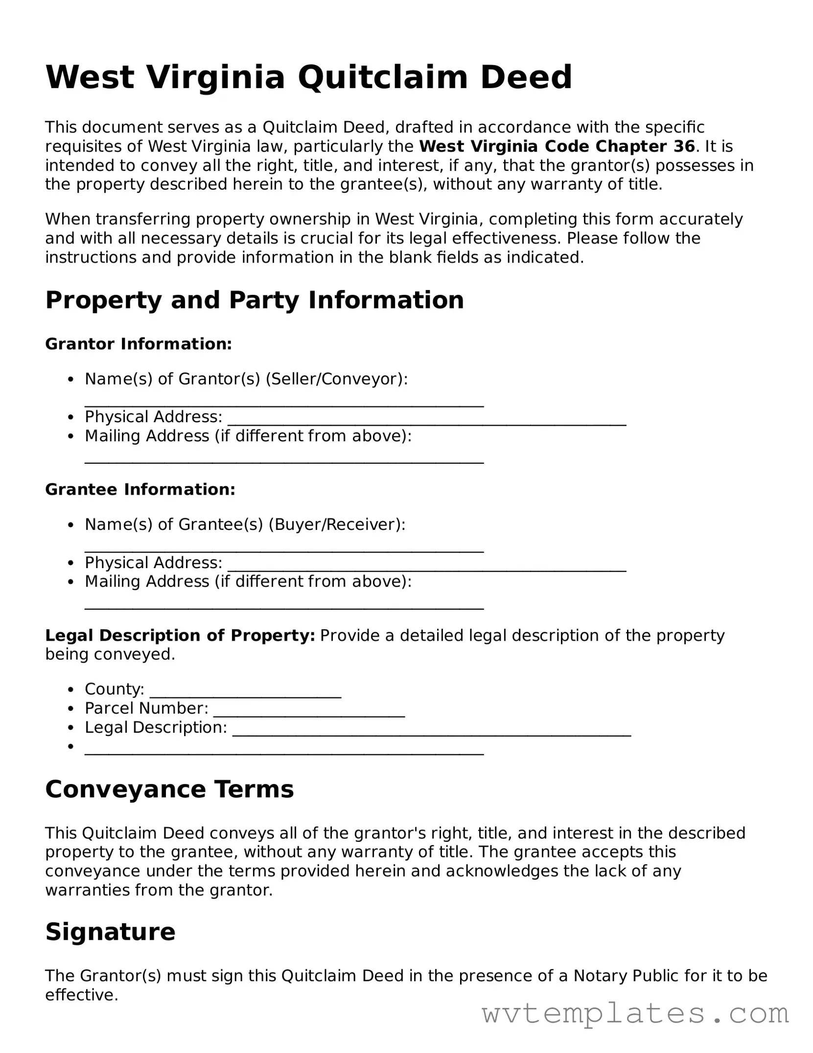 Official Quitclaim Deed Form for the State of West Virginia