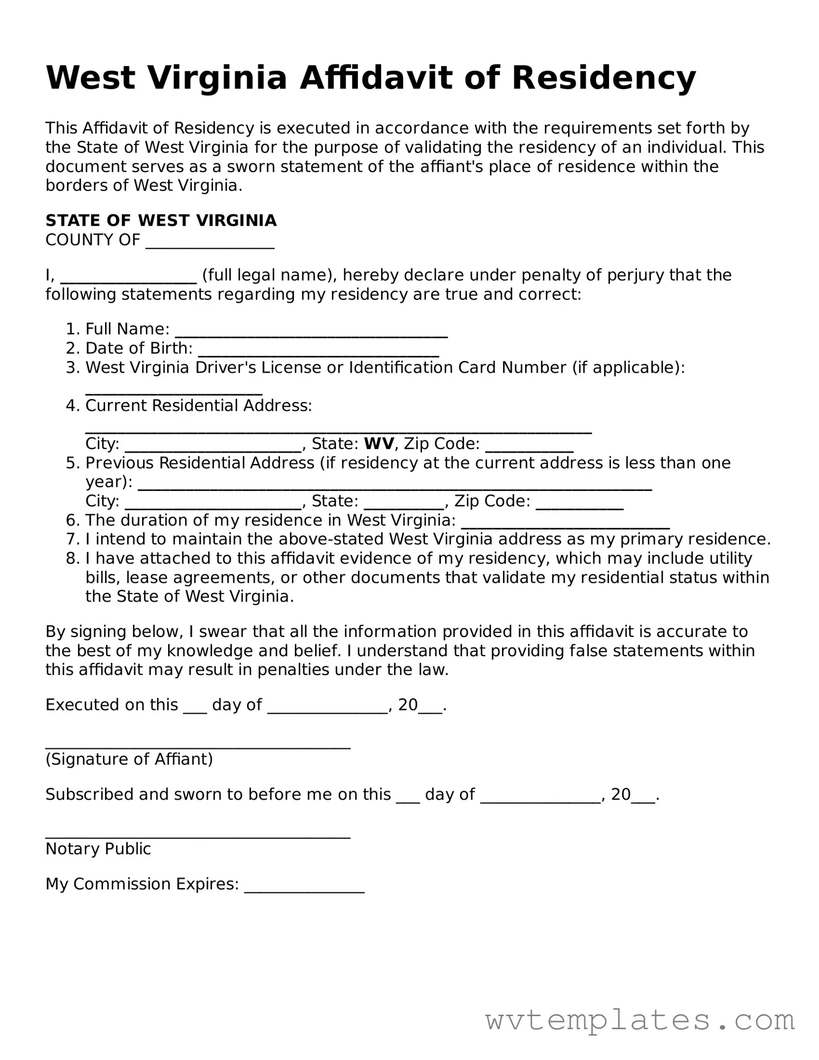 Official Affidavit of Residency Form for the State of West Virginia