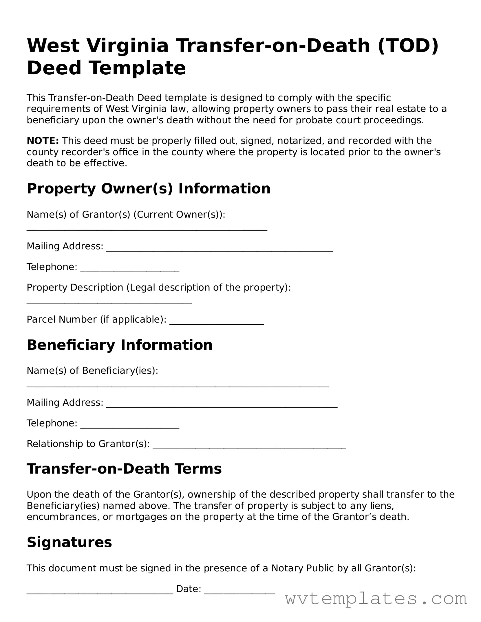 Official Transfer-on-Death Deed Form for the State of West Virginia