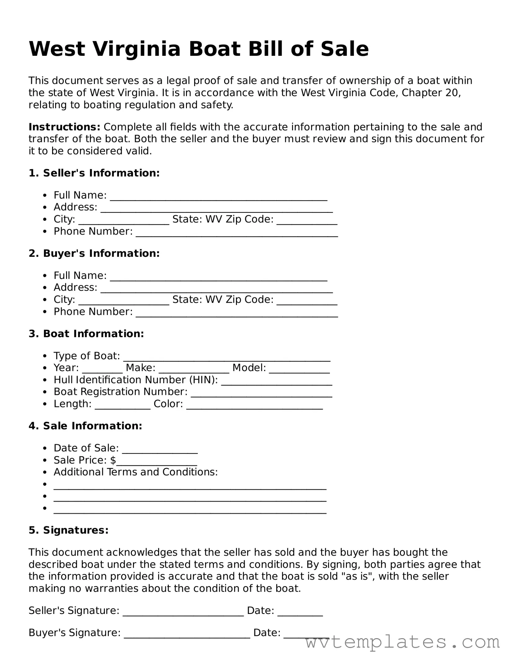 Official Boat Bill of Sale Form for the State of West Virginia