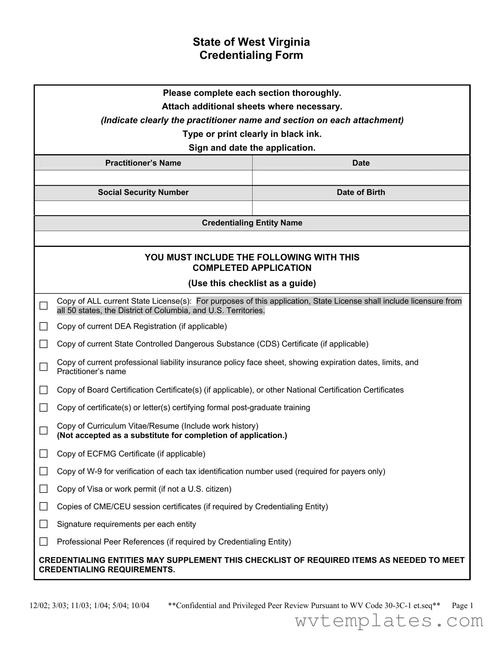 Free Wv Credentialing Form